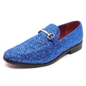 Blue Glitter Men's Vintage Designer Classic Smoking Dress Tuxedo Loafers Shoes